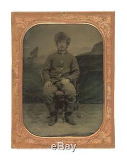 1/4 Plate Civil War Tintype of Casual Union Soldier With Fur Hat & Cigar