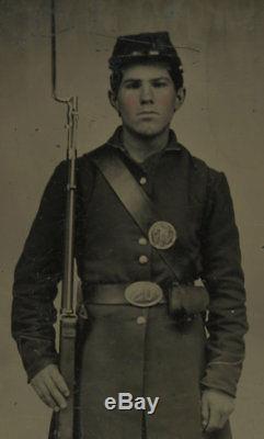 1/4 Plate Civil War Tintype of Union Soldier at Attention Armed with Musket
