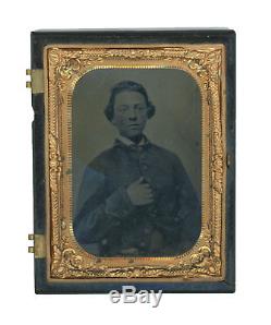 1/4 Plate Civil War Tintype of Young Union Soldier in Half Thermoplastic Case