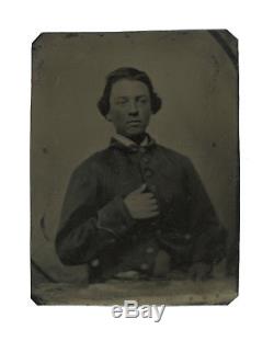 1/4 Plate Civil War Tintype of Young Union Soldier in Half Thermoplastic Case