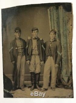 1/4 Plate Tintype 3 Civil War Union Soldiers Infantry Men Tinted Blue Chevrons