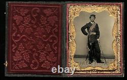 1/4 Tintype Photo Armed Civil War Soldier Sword & Officer of the Day Sash Tinted