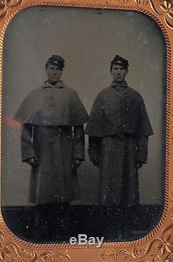 1/4 plate CIVIL WAR PHOTO TINTYPE 2 UNION SOLDIERS in GREAT COATS full body