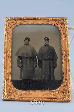 1/4 plate CIVIL WAR PHOTO TINTYPE 2 UNION SOLDIERS in GREAT COATS full body