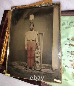 1/4 tinted ambrotype civil war soldier musician holding OTS saxhorn 1860s Photo