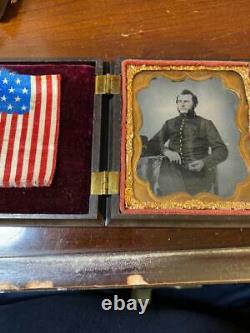 1/6 Plate Ambrotype Cavalry Soldier with Hardee Hat and Flag