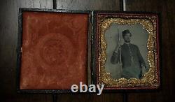 1/6 Tintype Armed Civil War Soldier Holding Rifle, Tinted Zouave 1860s Photo