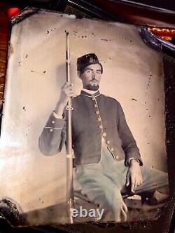 1/6 Tintype Armed Civil War Soldier Holding Rifle, Tinted Zouave 1860s Photo