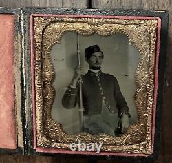 1/6 Tintype Armed Civil War Soldier Holding Rifle, Tinted Zouave 1860s Photo