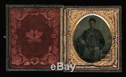 1/6 Tintype Young Civil War Zouave Soldier Tinted Red Piping Painted Gold Button