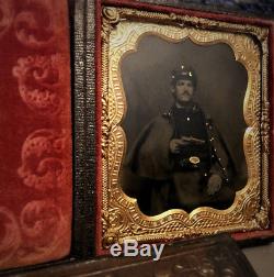 1/6 tintype photo armed civil war soldier holding gun painted gold buttons