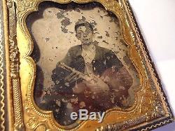 1/6th. P Ambrotype Civil War Armed Confederate Soldier Hat in Half Case