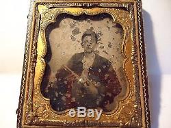 1/6th. P Ambrotype Civil War Armed Confederate Soldier Hat in Half Case