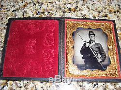 1/6th Plate Ruby Ambrotype of Civil War Soldier Rifle, Sword &Canteen