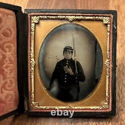 1/6th Plate Tintype Civil War Cavalry Soldier In Gutta Percha Case EX