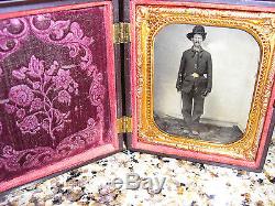 1/6th Plate Tintype of Civil War Soldier withsword in Gutta Percha Case