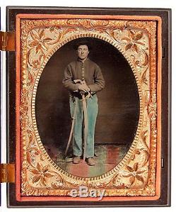 1860's CIVIL WAR 1/4 PLATE TINTYPE PHOTO OF ARMED UNION ARMY SOLDIER HAND TINTED