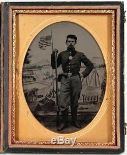 1860's CIVIL WAR 1/4 PLATE TINTYPE PHOTO OF CAVALRY SOLDIER with COLORED FLAG