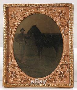 1860's CIVIL WAR TINTYPE PHOTO OF UNION CAVALRY SOLDIER WITH HIS HORSE OUTDOOR
