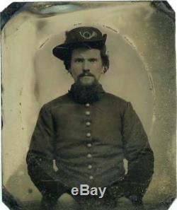 1860's CIVIL WAR UNION SOLDIER HARDEE HAT 1/6 PLATE TINTYPE THERMOPLASTIC CASE
