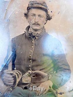 1860's Civil War Soldier Tintype SWORD & COLT PISTOL withGutta Case AUTHENTIC