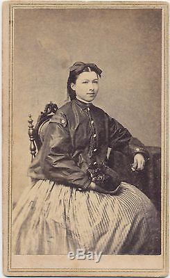 1860s Civil War Tax Stamp CDV Photo Pretty Lady Wearing Soldier Coat Holding Hat