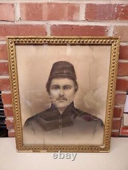 1860s Civil War Union Soldier Large Framed Crayon Portrait Photo Please READ