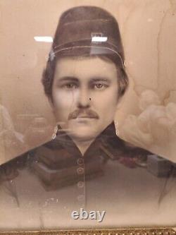 1860s Civil War Union Soldier Large Framed Crayon Portrait Photo Please READ