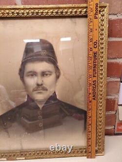 1860s Civil War Union Soldier Large Framed Crayon Portrait Photo Please READ