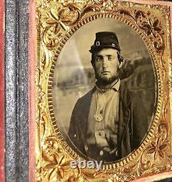 1860s Photo 2x Armed Civil War Soldier Wearing Corps Badge, Painted Backdrop