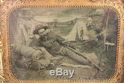 1861-1865 CIVIL War Tintype Photo Soldier Laying Down With Gear