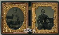 1861-65 CIVIL War Union Sargeant Soldier & Girl 6th Plate Tintype Hardee Hat