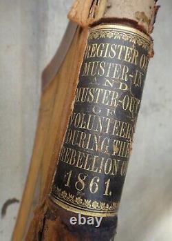 1861 antique LEATHER CIVIL WAR SOLDIER VOLUNTEER MUSTER-IN/OUT REGISTER 19x23