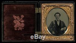 1862 Ambrotype Photo ID'd Civil War Soldier w Muster Card & AURORA RIFLES Banner