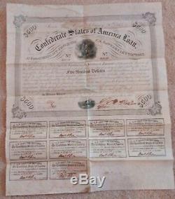 1863 Confederate CIVIL War $500 Bond With All 10 Coupons Soldier At Center