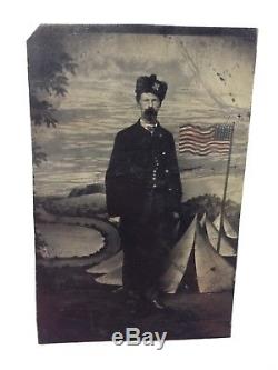 1865 Civil War Soldier Tintype Federal Army 6th Corps Badge Tinted 36 Star Flag