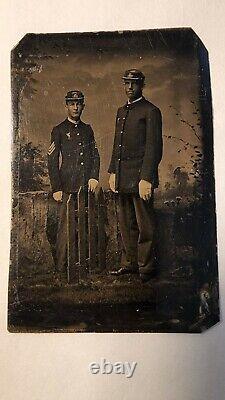 1880's TINTYPE OF A SERGEANT & HIS TALL FRIEND UNION SOLDIER PAIR 1/8 PLATE