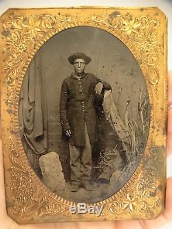 19thC Antique CIVIL WAR SOLDIER Frock Coat & GRAVE 1/4 Plate TINTYPE PHOTOGRAPH