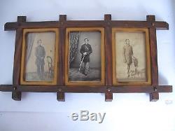 3 Civil War Carte de Visites Union Soldiers in Uniform Original Folk Art Frame