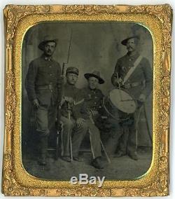 4 Soldiers, Rifles, Drummer, Swords, Post Civil War Period Tintype