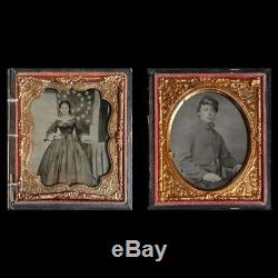 6th Pl Purple Glass Ambrotypes Civil War PA Soldier ID'ed Wife Union Army Flag