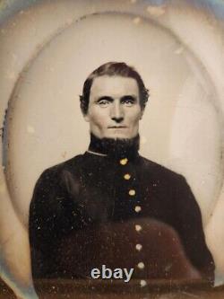 6th Plate Ambotype Unidentified Union Civil War soldier in frock coat full case