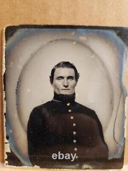 6th Plate Ambotype Unidentified Union Civil War soldier in frock coat full case