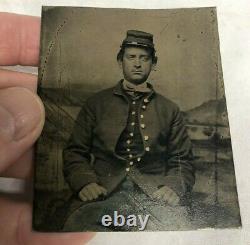 6th Plate Tintype of Civil War Soldier, Camp Background, Tinted Blue Pants, Gilt