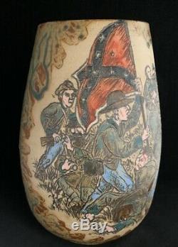 AMAZING RODNEY LEFTWICH Incised Pottery Vase Civil War Soldiers 2003 NC 10.5