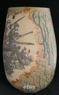 AMAZING RODNEY LEFTWICH Incised Pottery Vase Civil War Soldiers 2003 NC 10.5