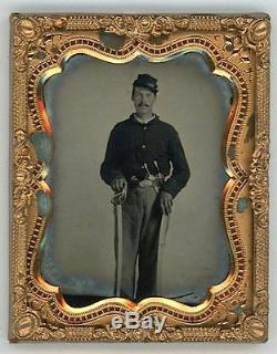 AMBROTYPE ca. 1861-65 FANTASTIC TRIPLE ARMED CIVIL WAR SOLDIER SWORD & 2 KNIVES