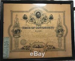ANTIQUE Civil War Certificate CITIZEN SOLDIERS Connecticut 1867 Framed with Ribbon