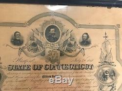 ANTIQUE Civil War Certificate CITIZEN SOLDIERS Connecticut 1867 Framed with Ribbon