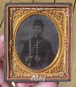 ANTIQUE Civil War Seated Cavalry Soldier with Kepi Hat & Sword Tintype Photo